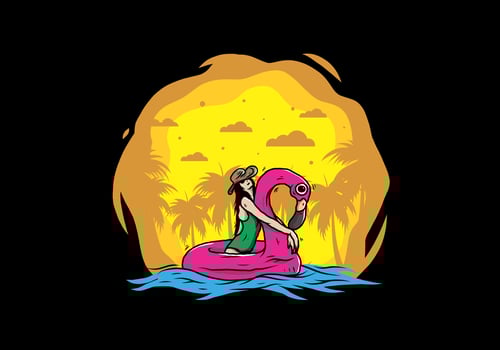 Girl wearing beach hat in an inflatable lifebuoy Flamingo illustration vector