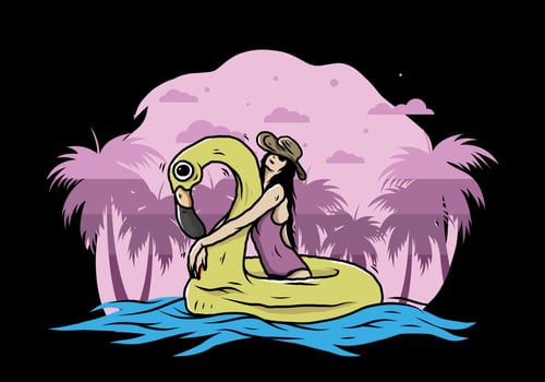 Girl wearing beach hat in an inflatable lifebuoy Flamingo illustration vector