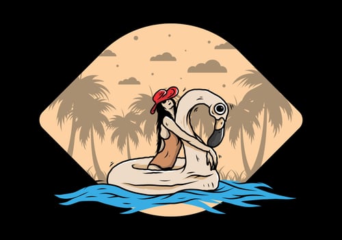 Girl wearing beach hat in an inflatable lifebuoy Flamingo illustration vector