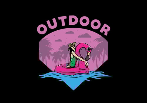 Girl wearing beach hat in an inflatable lifebuoy Flamingo illustration vector