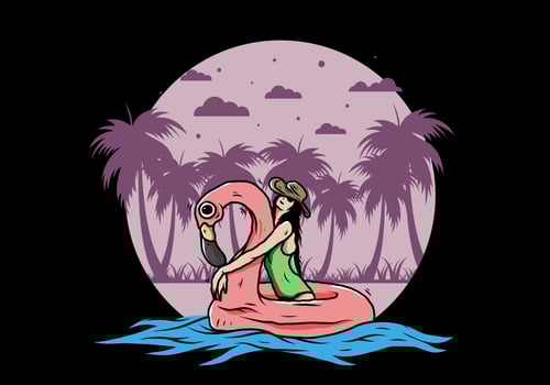 Girl wearing beach hat in an inflatable lifebuoy Flamingo illustration vector