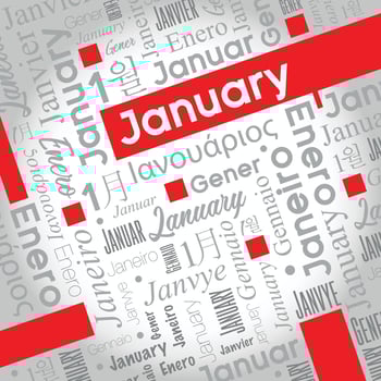 January word cloud written in Spanish, German, Portuguese, Italian, Japanese, Korean in gray with the English word highlighted in color vector
