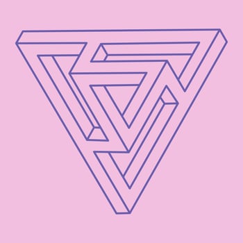 Impossible shapes. Sacred geometry. Optical illusion. Abstract eternal geometric object. Impossible endless outline triangle. Line art. Optical art. Impossible geometry shape on a pink background. vector