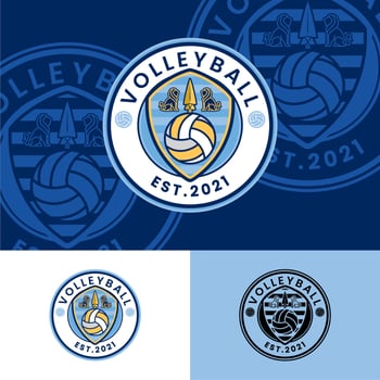 Round Volleyball Badge With Lion And Spear Logo , Volleyball Sports Logo Inspiration Design vector