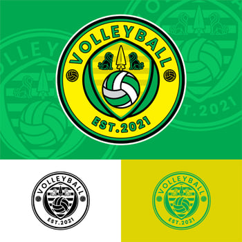 Round Volleyball Badge With Lion And Spear Logo , Volleyball Sports Logo Inspiration Design vector