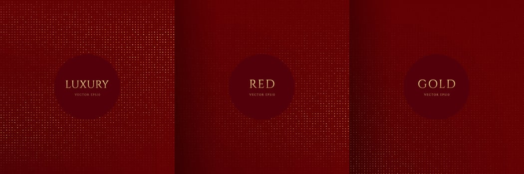 Set of shiny golden dots glitter pattern on dark red background. Collection of luxury and elegant halftone texture with copy space. Can use for cover template, poster, banner, print ad. Vector EPS10.