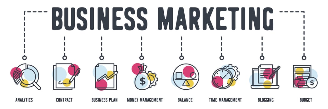 Business marketing banner web icon. analytics, contract, business plan, money management, balance, time management, blogging, budget vector illustration concept.