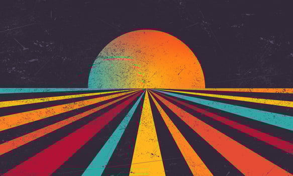 Exotic sun retro banner background. Vintage colourful grunge sunburst vector illustration.