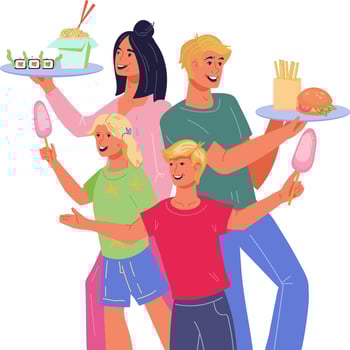 Food festival and street canteen concept with cheerful people carrying trays with various dishes. Family visiting cuisine culinary festival or self service restaurant. Flat vector illustration.