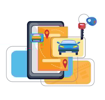 Car sharing, taxi service or rental mobile application concept. Interface design of urban public transport services with a phone screen and cars. Flat vector illustration isolated.