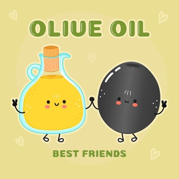 Cute happy olives and olive oil card. Vector hand drawn doodle style cartoon character illustration icon design. Happy olives and olive oil friends concept card