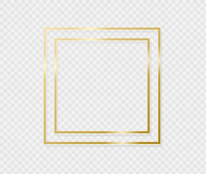 Golden border frame with light shadow and light affects. Gold decoration in minimal style. Graphic metal foil element in geometric thin line rectangle shape. Vector EPS 10.
