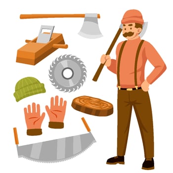 Hand drawn set of Sawmil icons Elements Tools or Equipments, Vector illustration set with chainsaw, log, trunk, gloves, and chainsaw carpentary