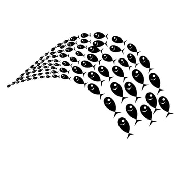 Silhouette of group of small sea fish. Colonies of fish swimming together. Fish school concept on white background. Great for marine logos and logo templates. Vector illustration