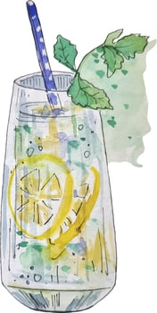 Watercolor vector clipart hand drawn illustration lemonade drink with mint and lemon