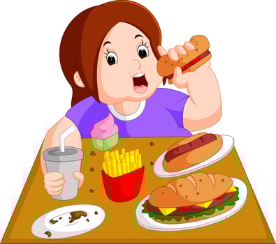 Overweight woman eating fast food vector