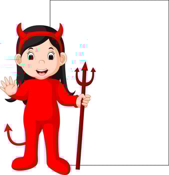 cute devil cartoon with blank sign vector