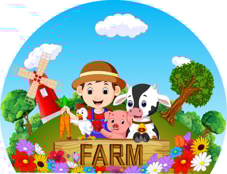 Farm scenes with many animals and farmers vector