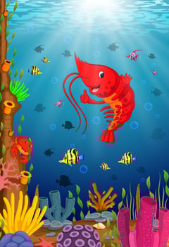 Cartoon tropical lobster with beautiful underwater world vector