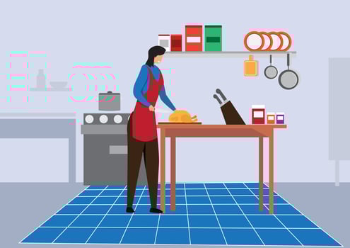 Smiling housewife preparing chicken with spices for lunch or dinner. Cute scene with a woman who likes to cook. vector