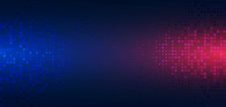 Abstract technology futuristic digital concept square pattern with lighting glowing particles square elements on dark blue and red background. vector