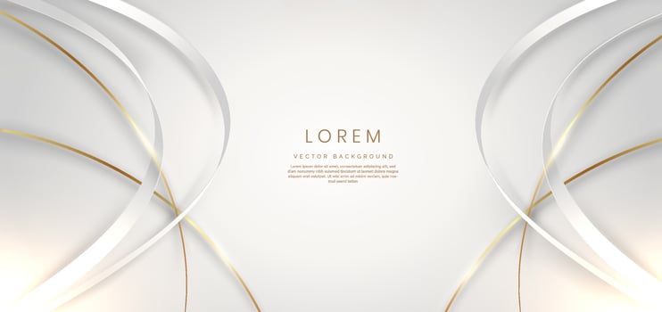Abstract 3d gold curved white and gold ribbon on grey background with lighting effec and copy space for text. Luxury design style. vector
