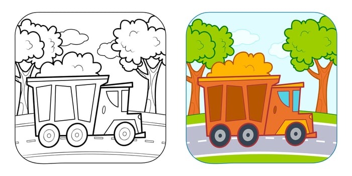 Coloring book or Coloring page for kids. Truck vector illustration clipart. Nature background.