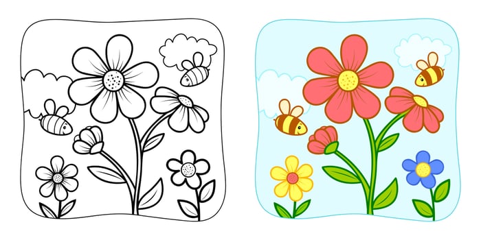 Coloring book or Coloring page for kids. Flower and bees vector illustration clipart. Nature background.