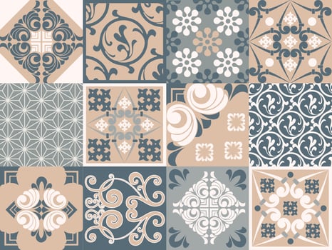 Seamless patchwork tile. Majolica pottery tile. Portuguese and Spain decor. Ceramic tile in talavera style. Vector illustration.  Abstract seamless patchwork pattern with geometric and floral ornament