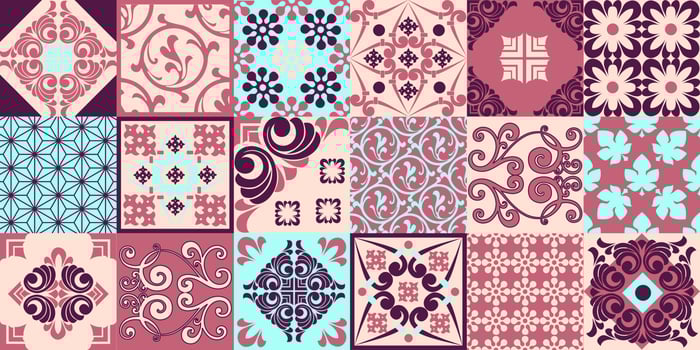 Seamless patchwork tile. Majolica pottery tile. Portuguese and Spain decor. Ceramic tile in talavera style. Vector illustration.  Abstract seamless patchwork pattern with geometric and floral ornament
