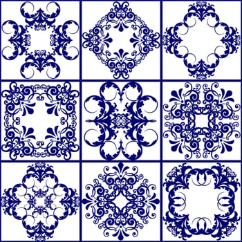 Seamless patchwork tile. Majolica pottery tile. Portuguese and Spain decor. Ceramic tile in talavera style. Vector illustration.  Abstract seamless patchwork pattern with geometric and floral ornament
