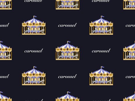 Carousel cartoon character seamless pattern on black background. Pixel style vector
