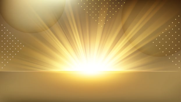 Gold Light Rising from Horizon, Glowing Shine Background. Widescreen Vector Illustration