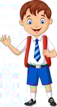 Cartoon school boy in uniform waving hand vector