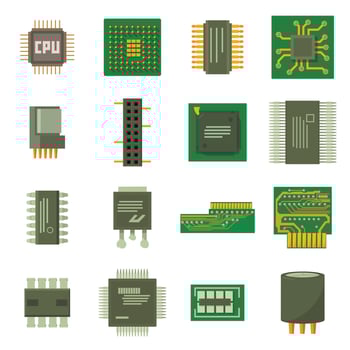 Computer chips icons set, cartoon style vector