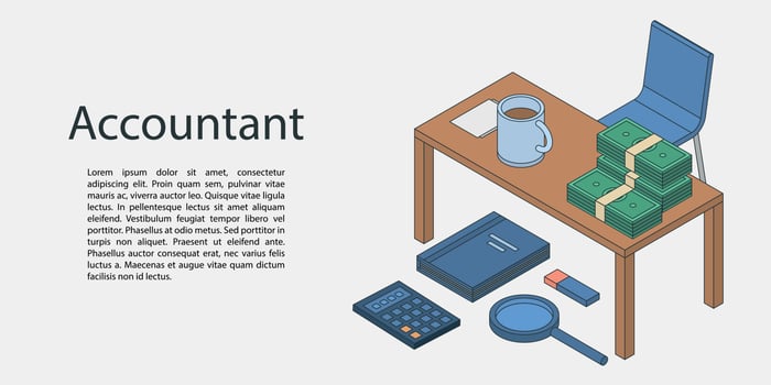Accountant desktop concept banner, isometric style vector