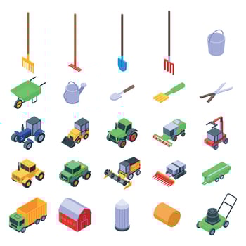 Farming equipment icons set, isometric style vector