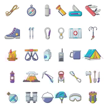 Mountaineering equipment icons set, cartoon style vector