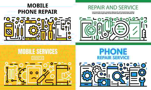 City mobile phone repair banner set, outline style vector