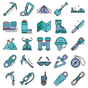 Mountaineering equipment icon set line color vector