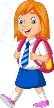 Cartoon happy school girl in uniform carrying backpack vector