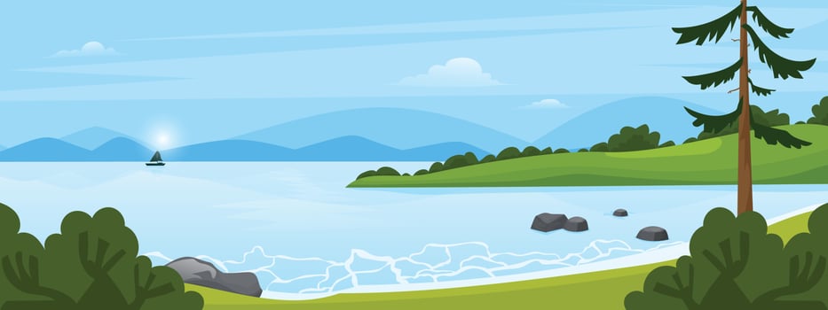 Landscape with river flowing through hills, scenic green forest and mountains. scene with river vector illustration