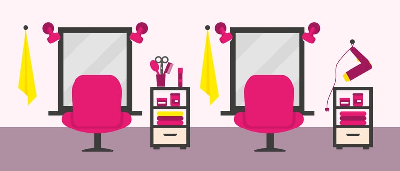 Beauty salon interior with furniture and equipment. Vector illustration.