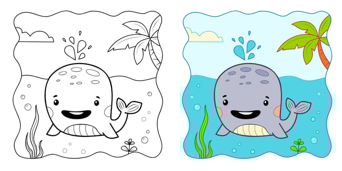 Marine background. Coloring book or Coloring page for kids. Whale vector clipart