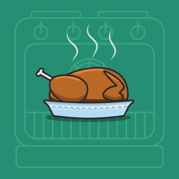 Baked turkey vector illustration for Thanksgiving Day. Cartoon picture of traditional food for Autumn holiday. Green background with oven contour