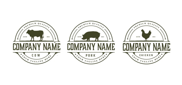 Set of Farm Cattle cow Pork Chicken Livestock Beef Emblem Label logo design vector