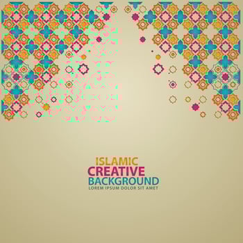 Islamic design greeting card background template with ornamental colorful detail of floral mosaic islamic art ornament vector