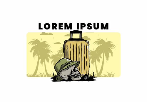 skull head wearing a hat under a traveling suitcase illustration vector