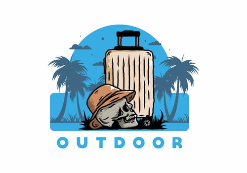 skull head wearing a hat under a traveling suitcase illustration vector