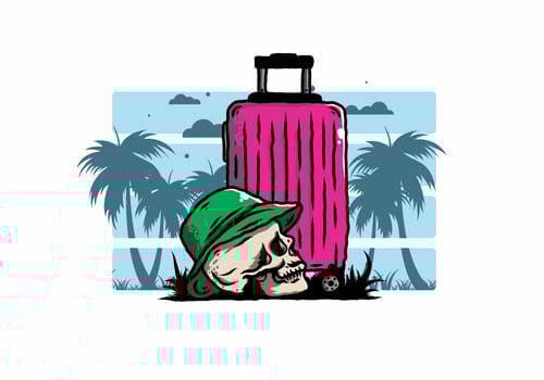 skull head wearing a hat under a traveling suitcase illustration vector